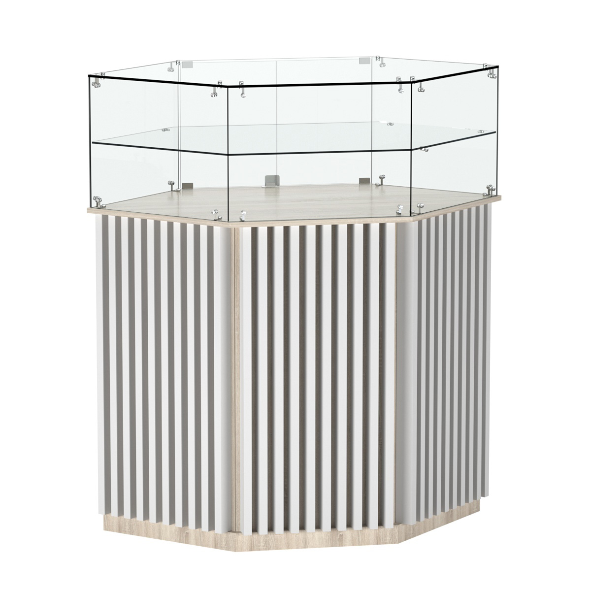 Торговый прилавок шестигранный с планками и одной полкой ВЕРТИКАЛЬ №7 Дуб Сонома + Белый