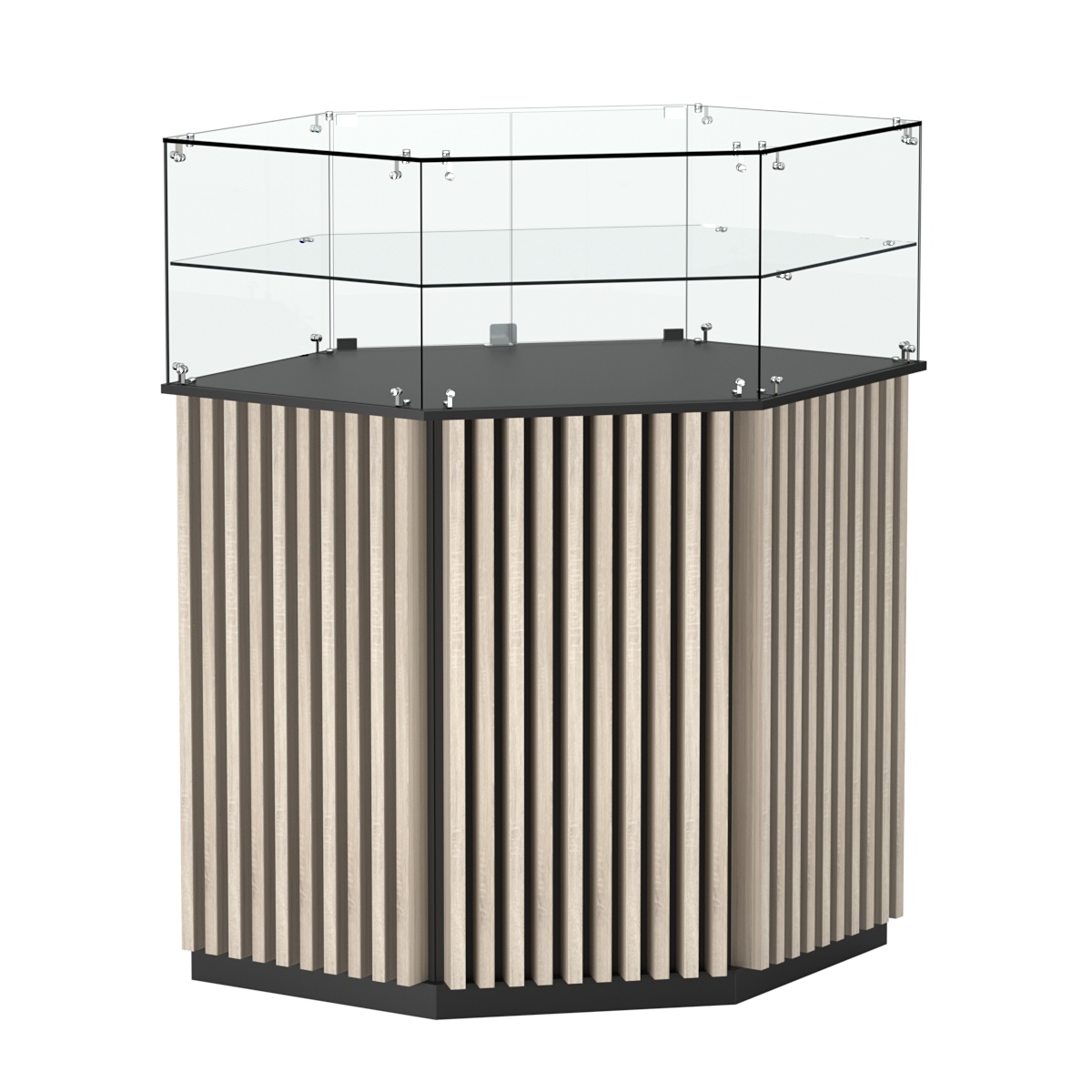 Торговый прилавок шестигранный с планками и одной полкой ВЕРТИКАЛЬ №7 Черный + Дуб Сонома