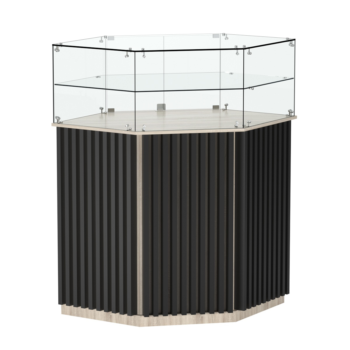 Торговый прилавок шестигранный с планками и одной полкой ВЕРТИКАЛЬ №7 Дуб Сонома + Черный