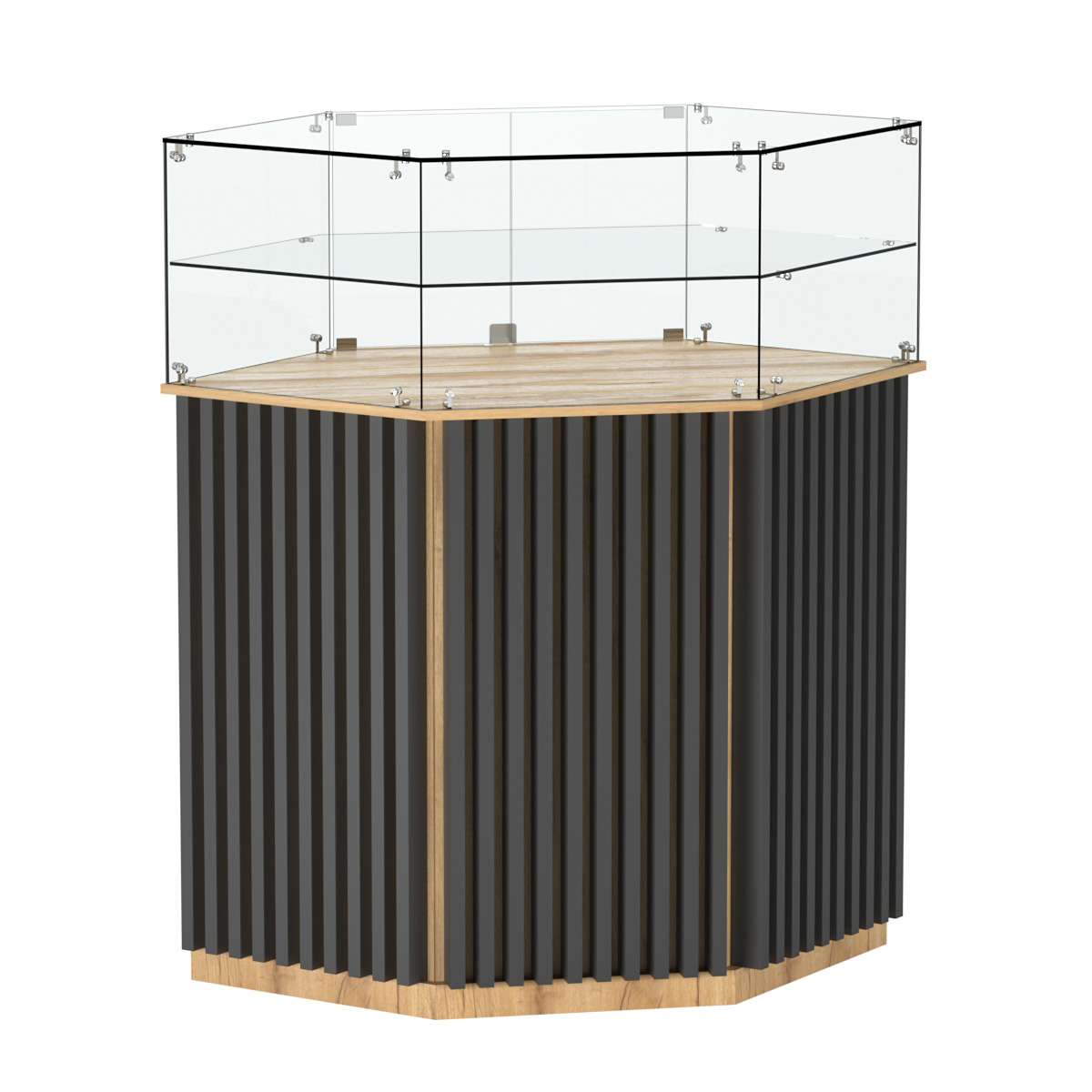 Торговый прилавок шестигранный с планками и одной полкой ВЕРТИКАЛЬ №7 Дуб Золотистый и Темно-Серый