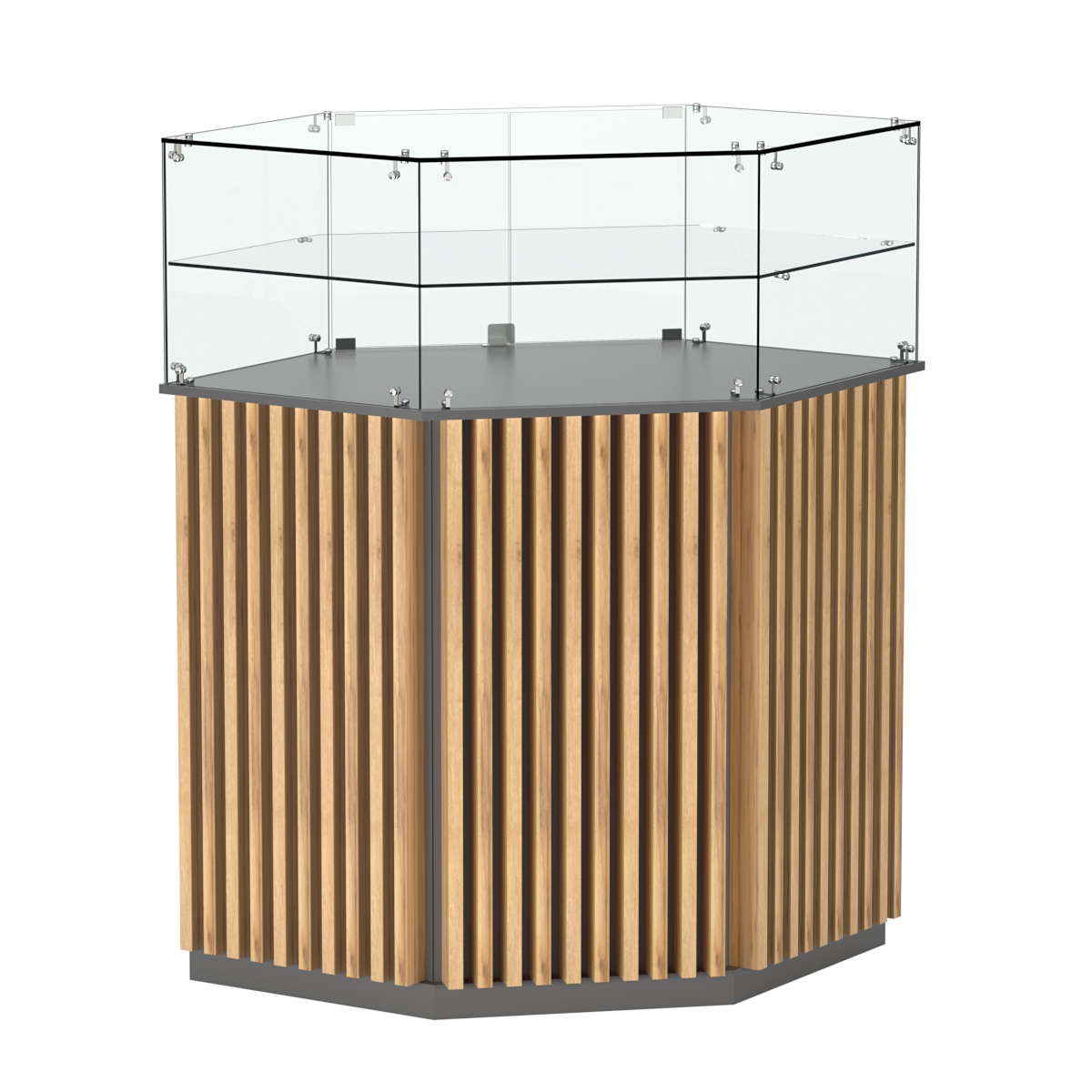 Торговый прилавок шестигранный с планками и одной полкой ВЕРТИКАЛЬ №7 Темно-серый и Дуб Золотистый