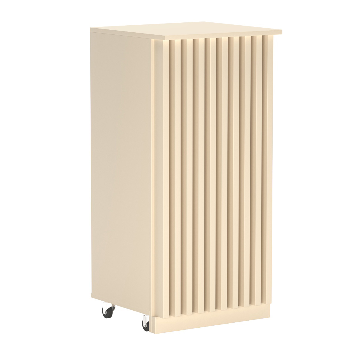 Торговый прилавок под кассу выкатной квадратный с планками серии ВЕРТИКАЛЬ №2 Крем Вайс