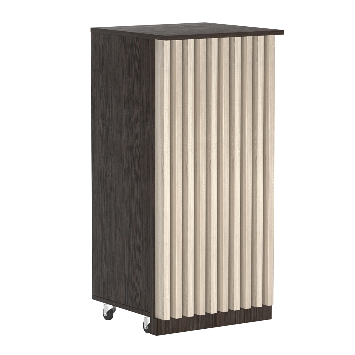 Торговый прилавок под кассу выкатной квадратный с планками серии ВЕРТИКАЛЬ №2 Дуб Венге и Дуб Сонома