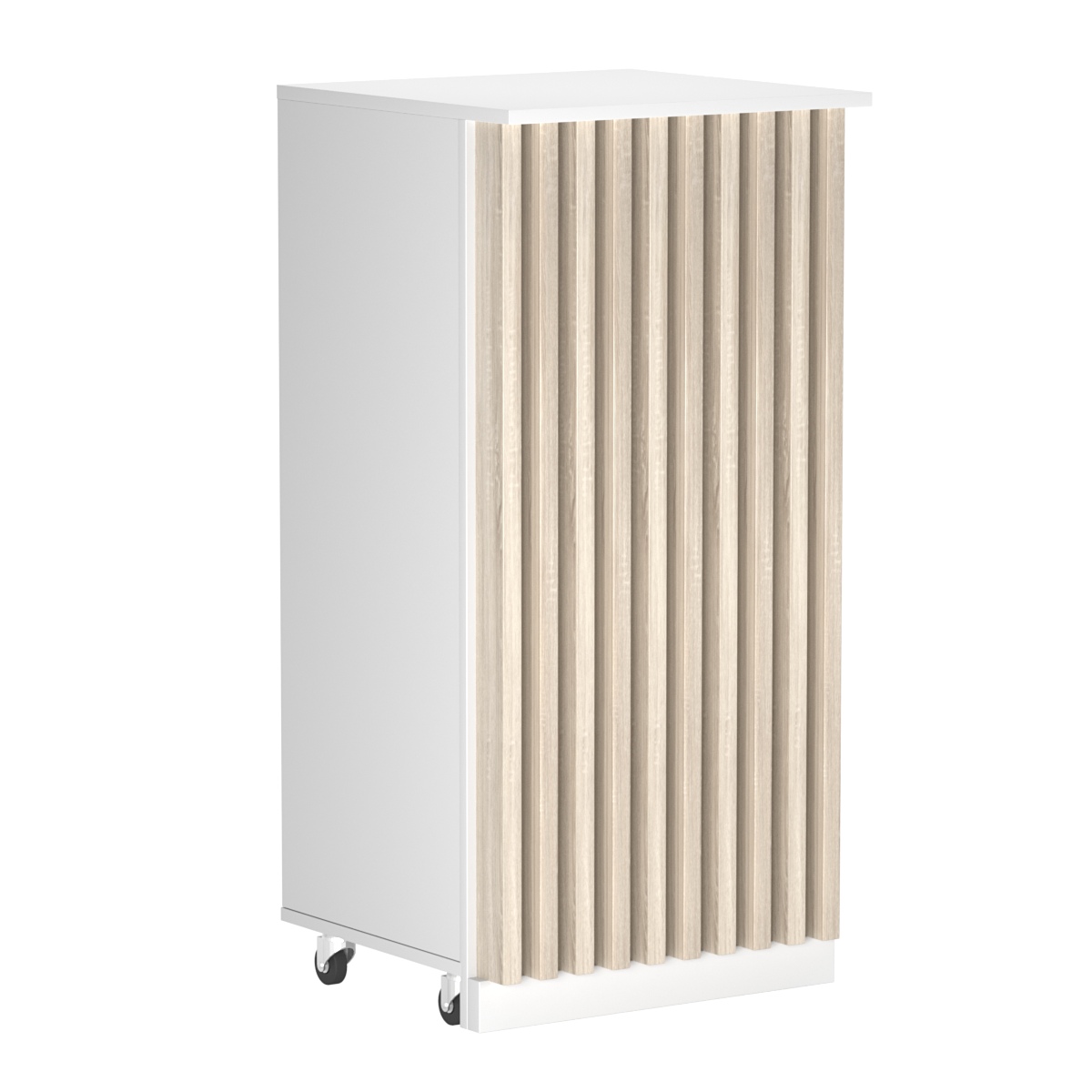 Торговый прилавок под кассу выкатной квадратный с планками серии ВЕРТИКАЛЬ №2 Белый + Дуб Сонома
