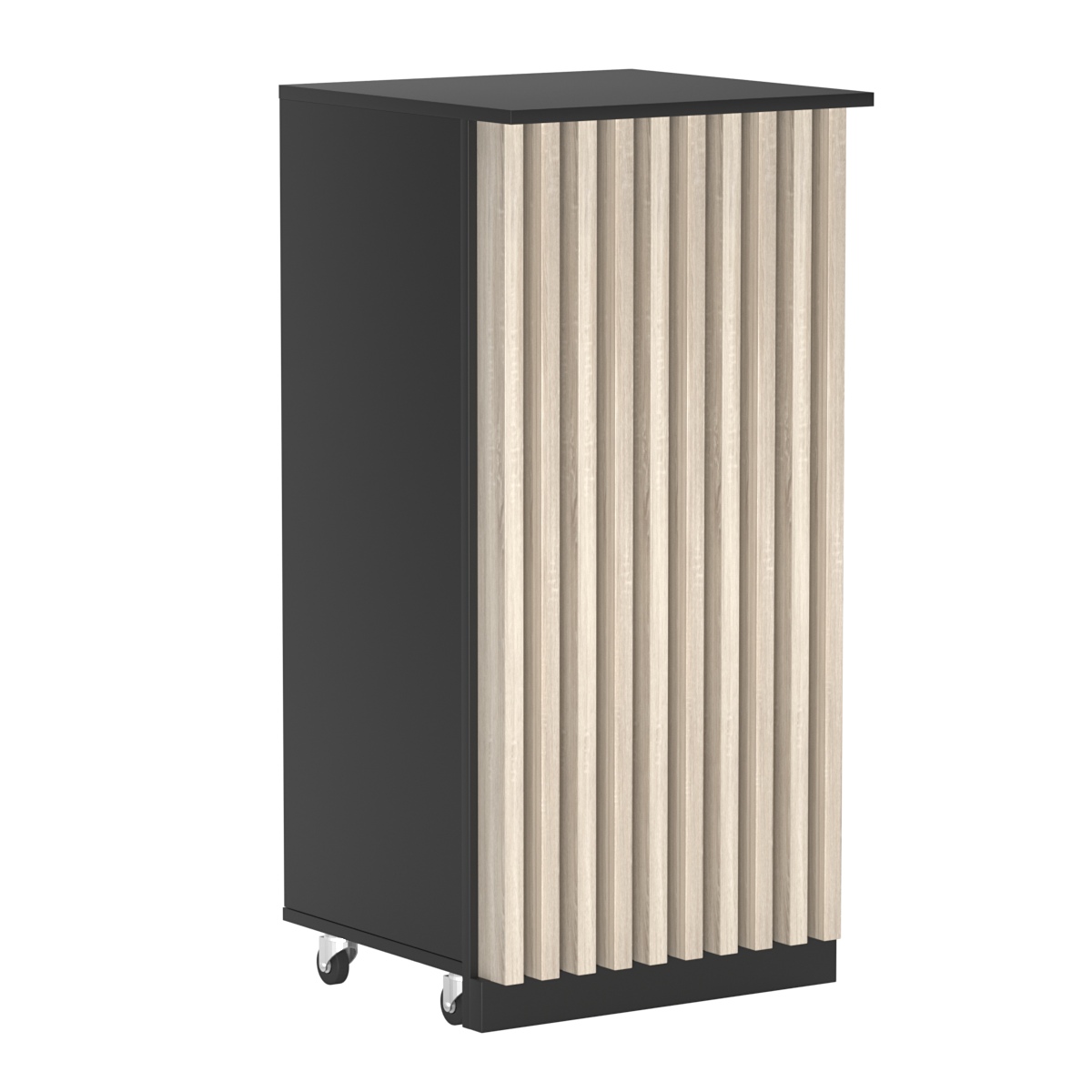 Торговый прилавок под кассу выкатной квадратный с планками серии ВЕРТИКАЛЬ №2 Черный + Дуб Сонома