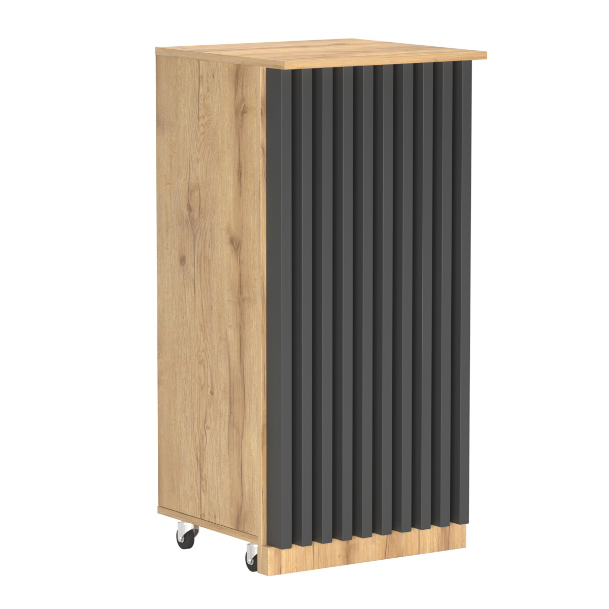 Торговый прилавок под кассу выкатной квадратный с планками серии ВЕРТИКАЛЬ №2 Дуб Золотистый и Темно-Серый