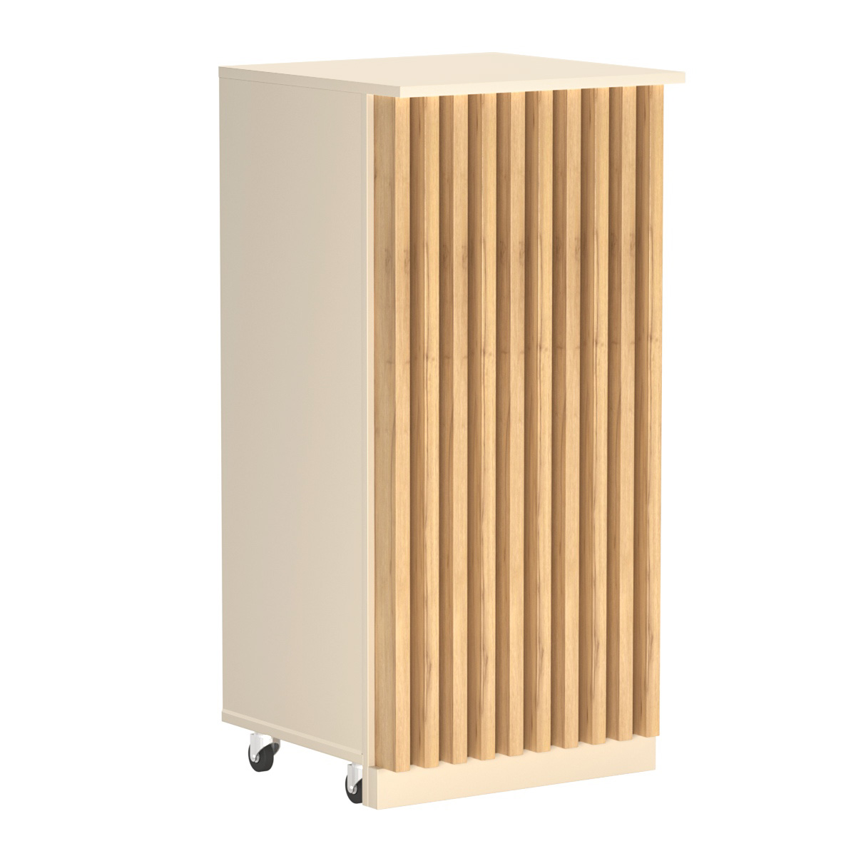 Торговый прилавок под кассу выкатной квадратный с планками серии ВЕРТИКАЛЬ №2 Крем Вайс и Дуб Золотистый