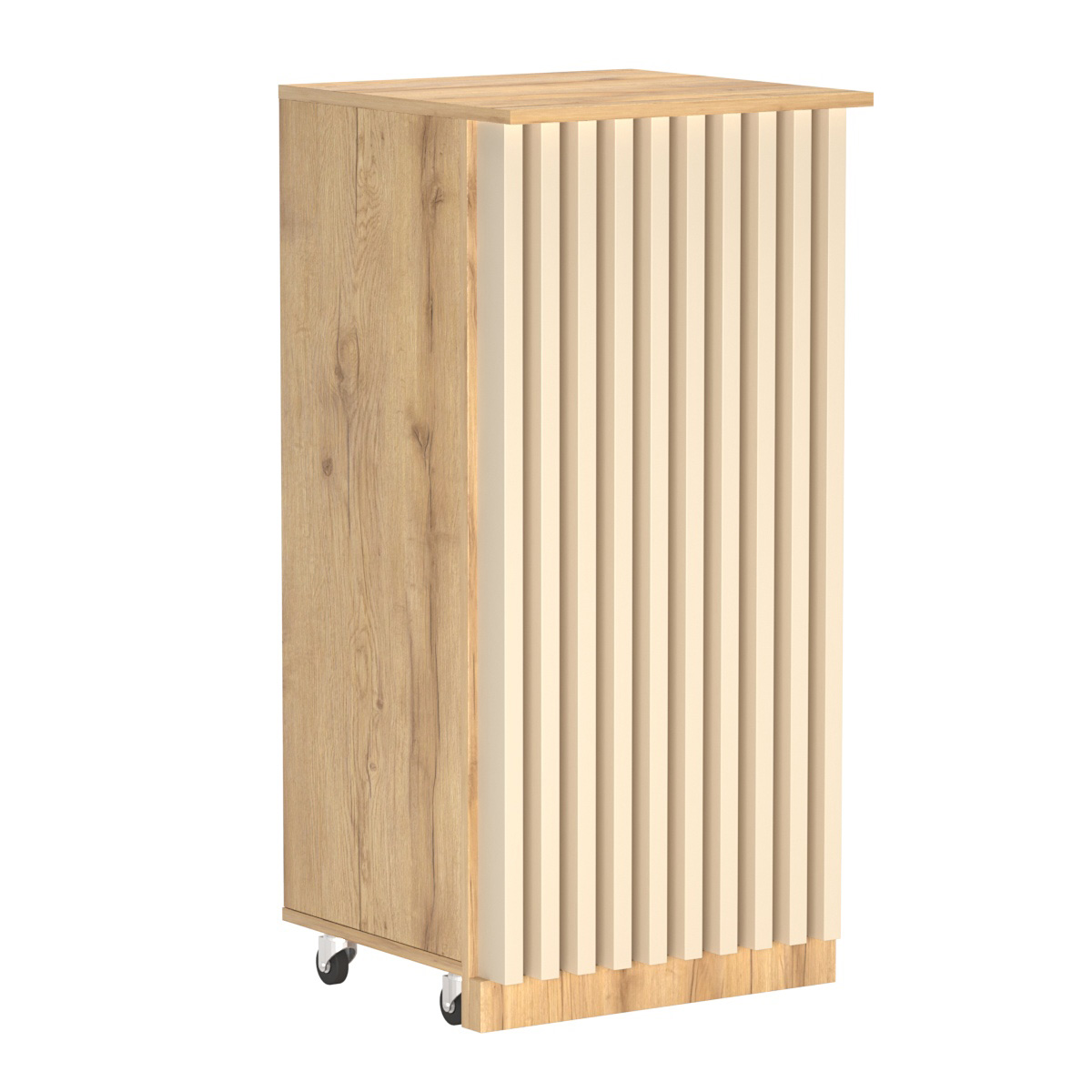 Торговый прилавок под кассу выкатной квадратный с планками серии ВЕРТИКАЛЬ №2 Дуб Золотистый и Крем Вайс