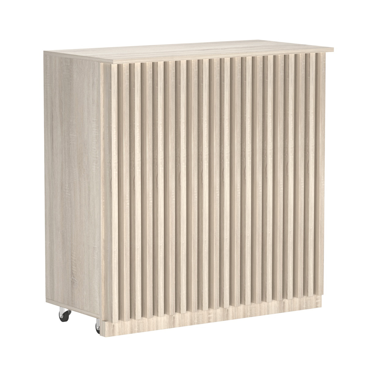 Торговый прилавок под кассу выкатной прямоугольный с планками серии ВЕРТИКАЛЬ №1 Дуб сонома