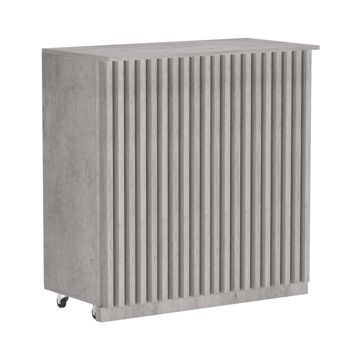 Торговый прилавок под кассу выкатной прямоугольный с планками серии ВЕРТИКАЛЬ №1 Бетон Чикаго светло-серый F186 ST9