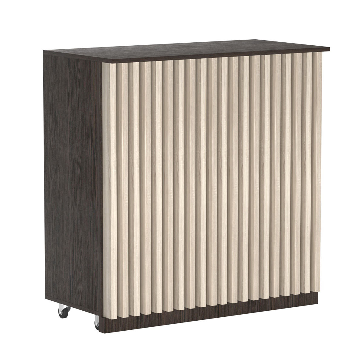 Торговый прилавок под кассу выкатной прямоугольный с планками серии ВЕРТИКАЛЬ №1 Дуб Венге и Дуб Сонома