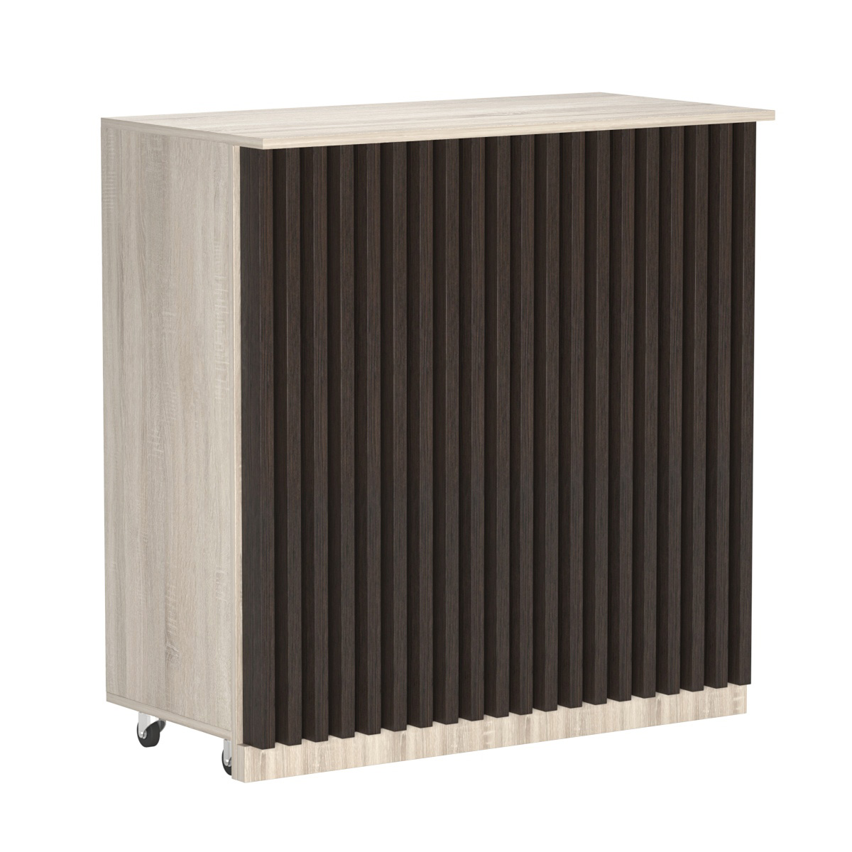 Торговый прилавок под кассу выкатной прямоугольный с планками серии ВЕРТИКАЛЬ №1 Дуб Сонома + Дуб Венге