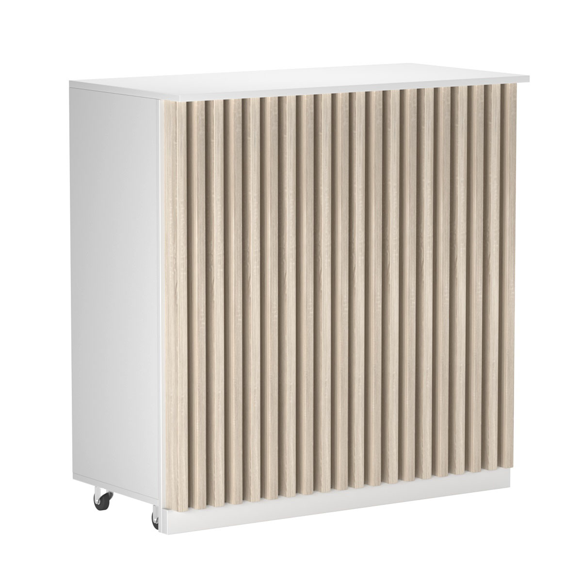 Торговый прилавок под кассу выкатной прямоугольный с планками серии ВЕРТИКАЛЬ №1 Белый + Дуб Сонома
