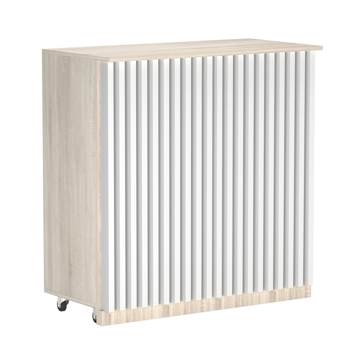 Торговый прилавок под кассу выкатной прямоугольный с планками серии ВЕРТИКАЛЬ №1 Дуб Сонома + Белый