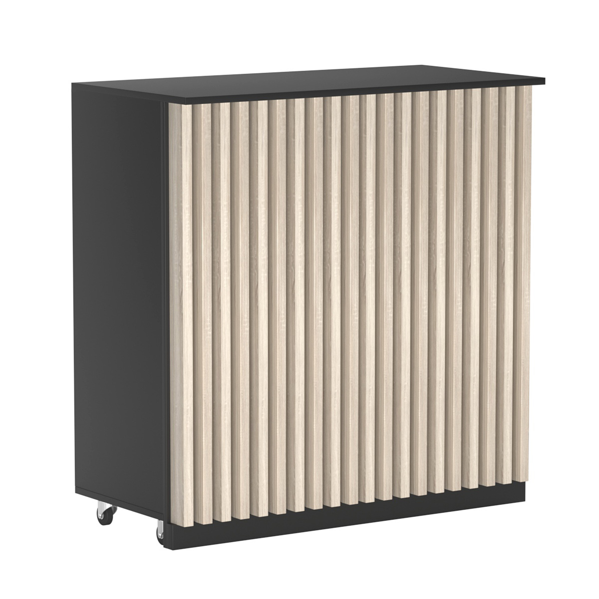 Торговый прилавок под кассу выкатной прямоугольный с планками серии ВЕРТИКАЛЬ №1 Черный + Дуб Сонома