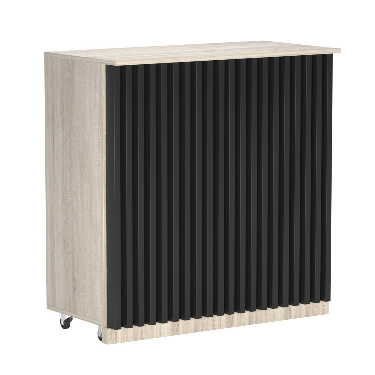 Торговый прилавок под кассу выкатной прямоугольный с планками серии ВЕРТИКАЛЬ №1 Дуб Сонома + Черный