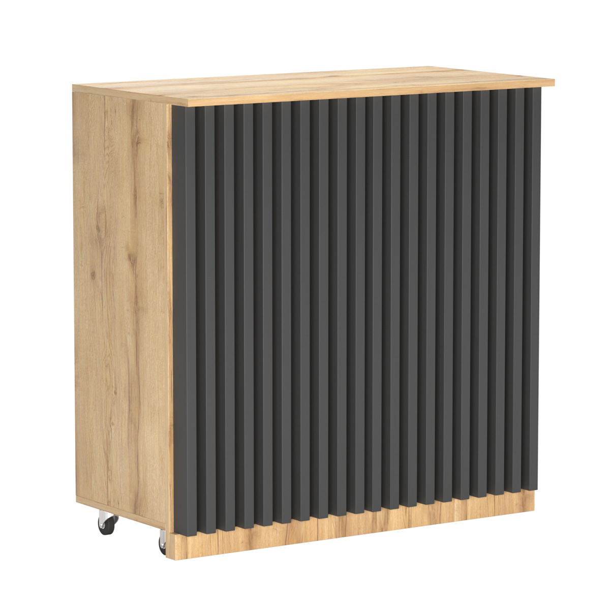 Торговый прилавок под кассу выкатной прямоугольный с планками серии ВЕРТИКАЛЬ №1 Дуб Золотистый и Темно-Серый