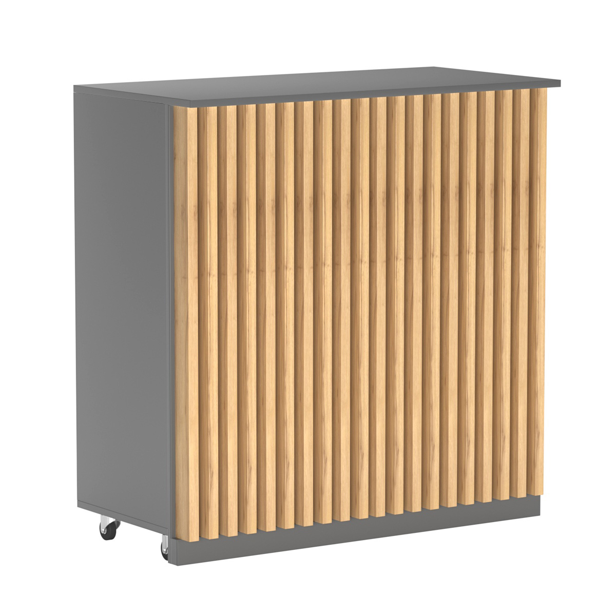 Торговый прилавок под кассу выкатной прямоугольный с планками серии ВЕРТИКАЛЬ №1 Темно-серый и Дуб Золотистый