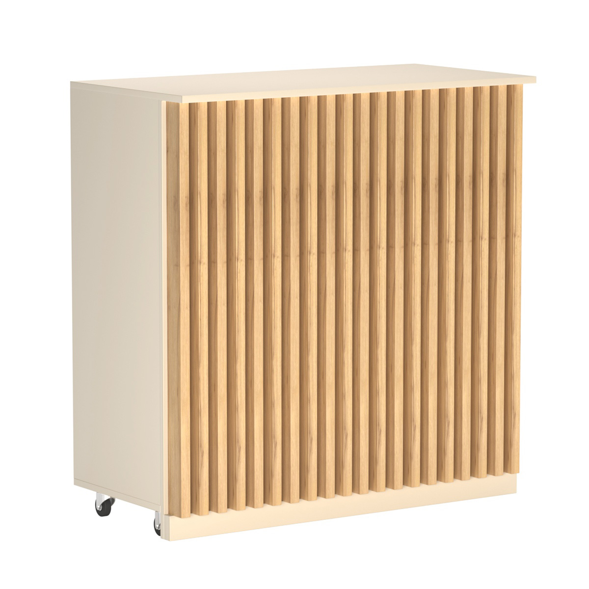 Торговый прилавок под кассу выкатной прямоугольный с планками серии ВЕРТИКАЛЬ №1 Крем Вайс и Дуб Золотистый