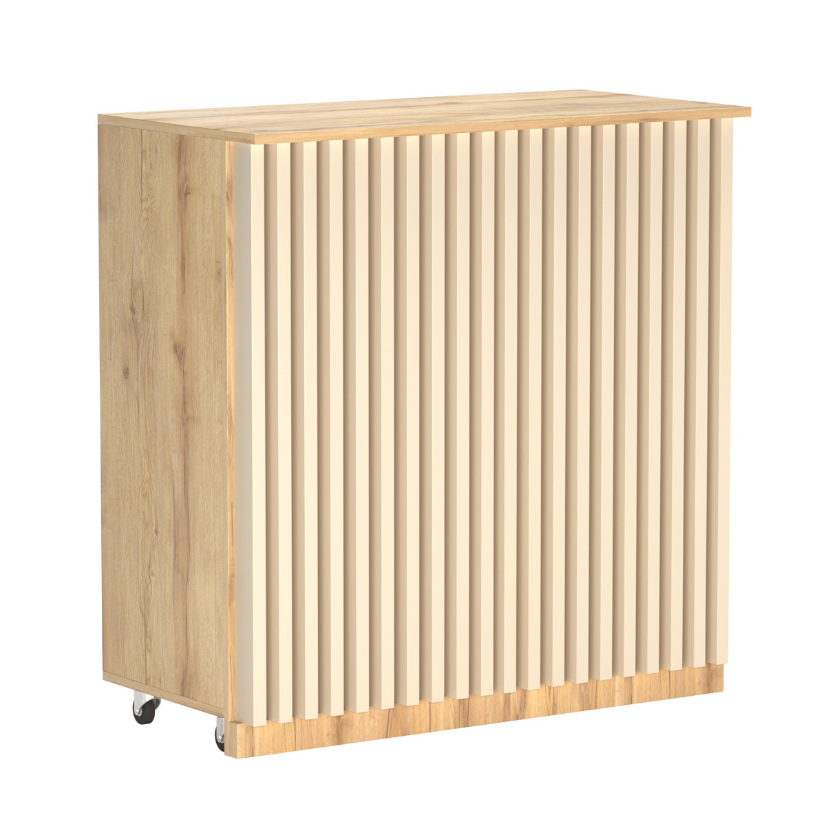 Торговый прилавок под кассу выкатной прямоугольный с планками серии ВЕРТИКАЛЬ №1 Дуб Золотистый и Крем Вайс