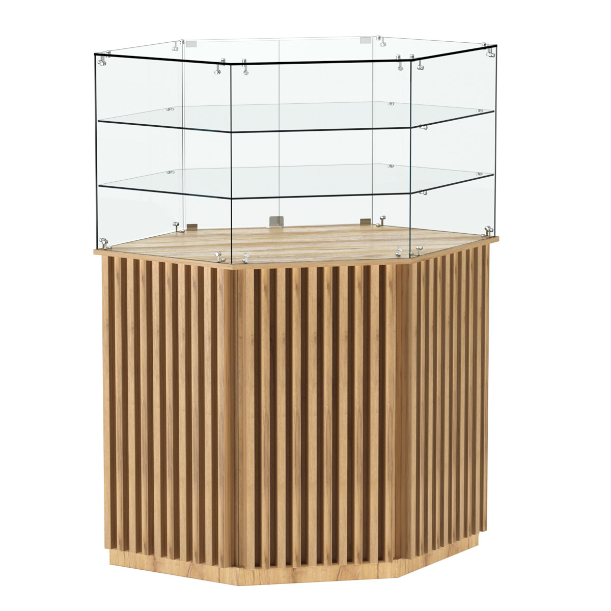 Торговый прилавок шестигранный с планками и двумя полками ВЕРТИКАЛЬ №8 Дуб Золотистый