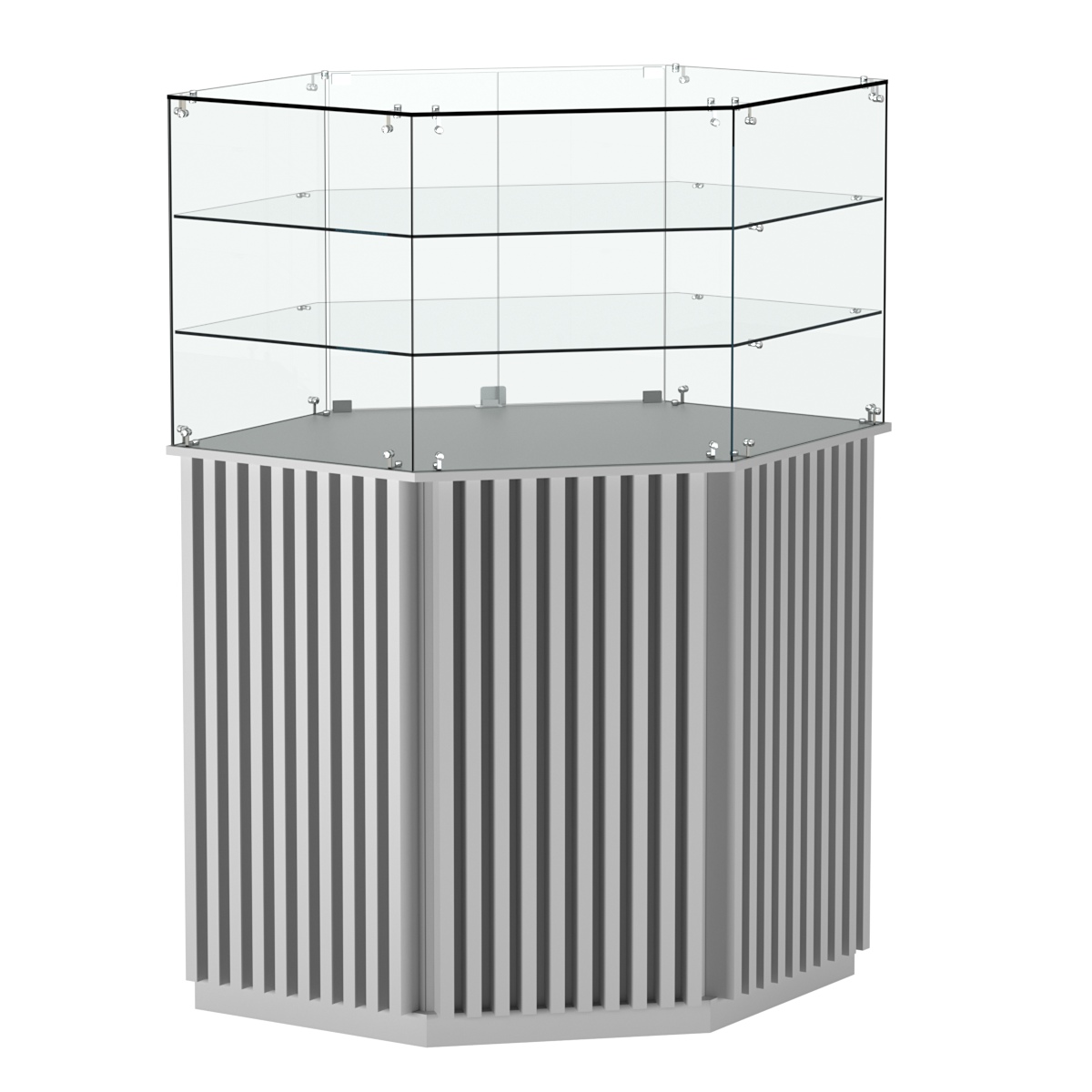 Торговый прилавок шестигранный с планками и двумя полками ВЕРТИКАЛЬ №8 Серый