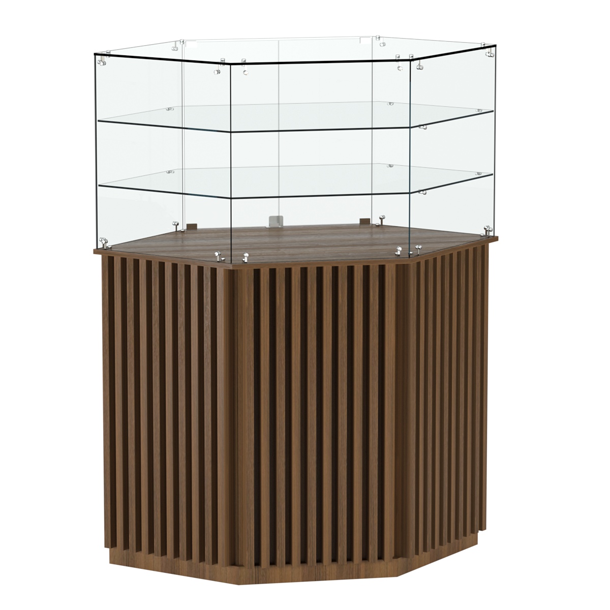 Торговый прилавок шестигранный с планками и двумя полками ВЕРТИКАЛЬ №8 Орех