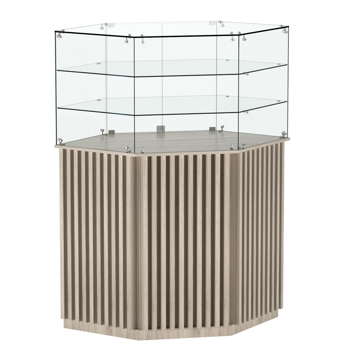 Торговый прилавок шестигранный с планками и двумя полками ВЕРТИКАЛЬ №8 Дуб сонома