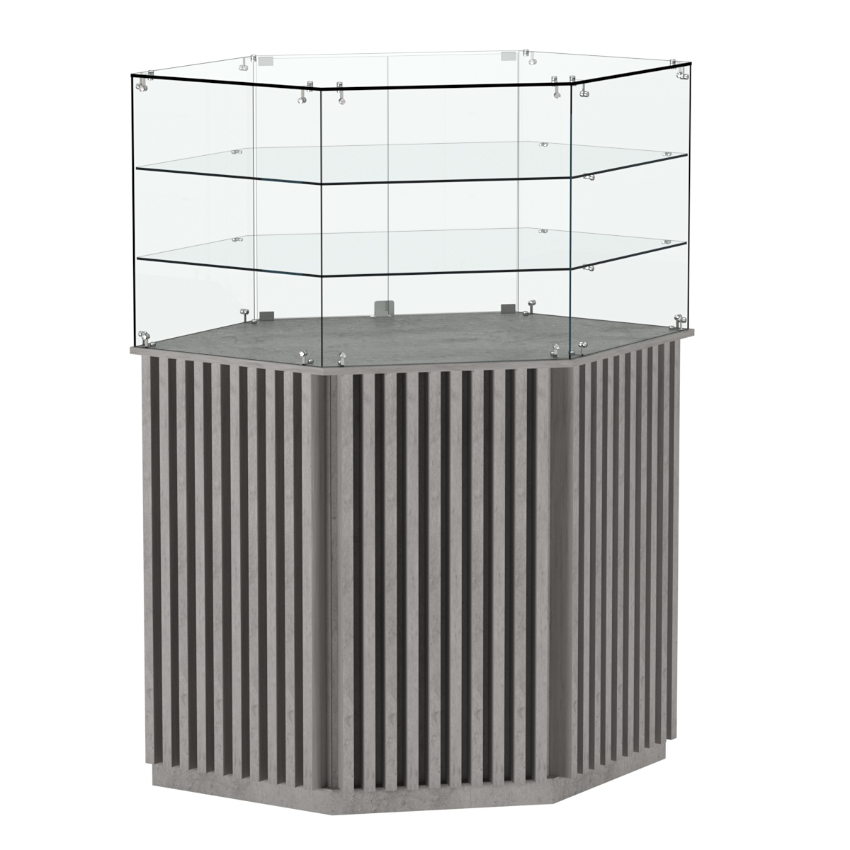 Торговый прилавок шестигранный с планками и двумя полками ВЕРТИКАЛЬ №8 Бетон Чикаго светло-серый F186 ST9