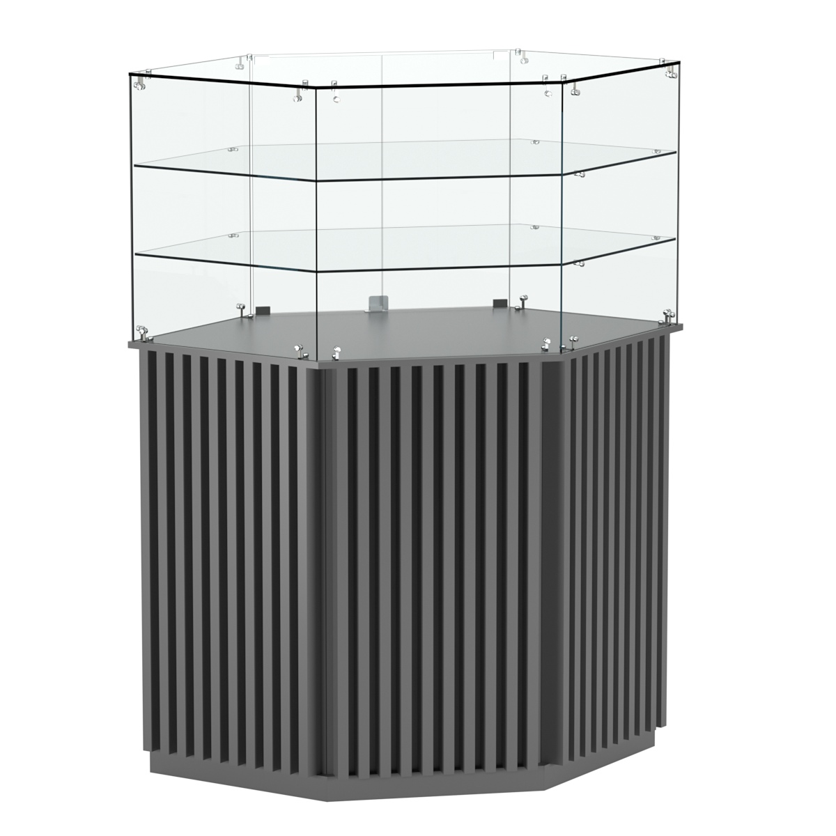 Торговый прилавок шестигранный с планками и двумя полками ВЕРТИКАЛЬ №8 Темно-Серый