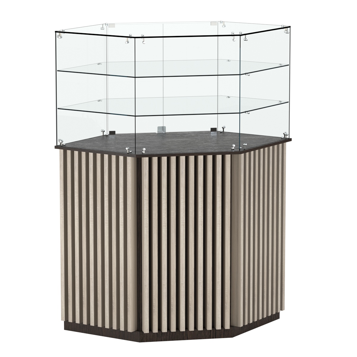 Торговый прилавок шестигранный с планками и двумя полками ВЕРТИКАЛЬ №8 Дуб Венге и Дуб Сонома