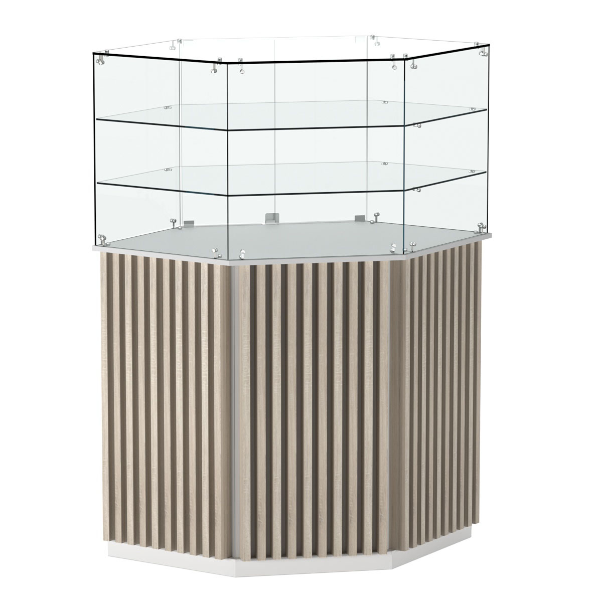 Торговый прилавок шестигранный с планками и двумя полками ВЕРТИКАЛЬ №8 Белый + Дуб Сонома