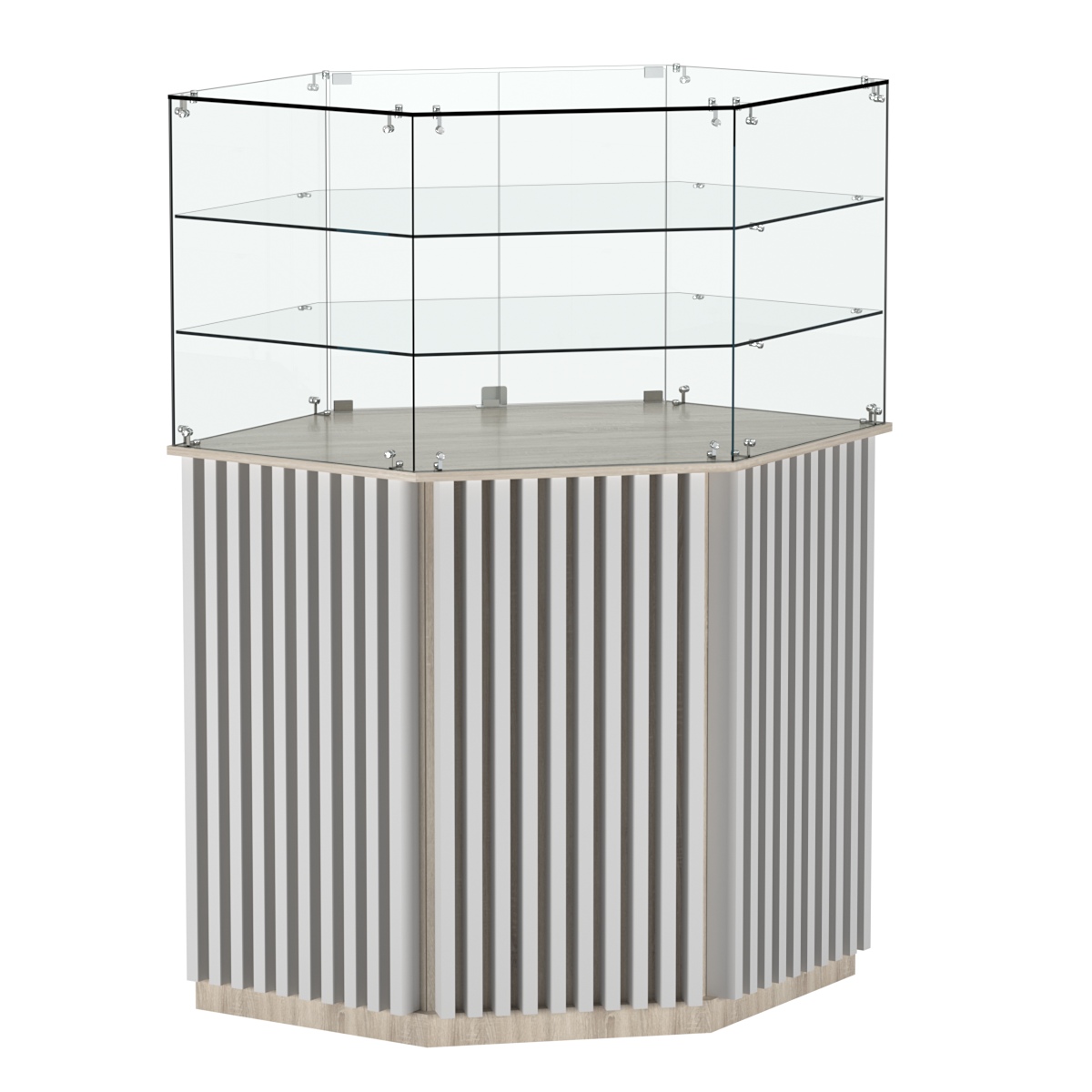 Торговый прилавок шестигранный с планками и двумя полками ВЕРТИКАЛЬ №8 Дуб Сонома + Белый