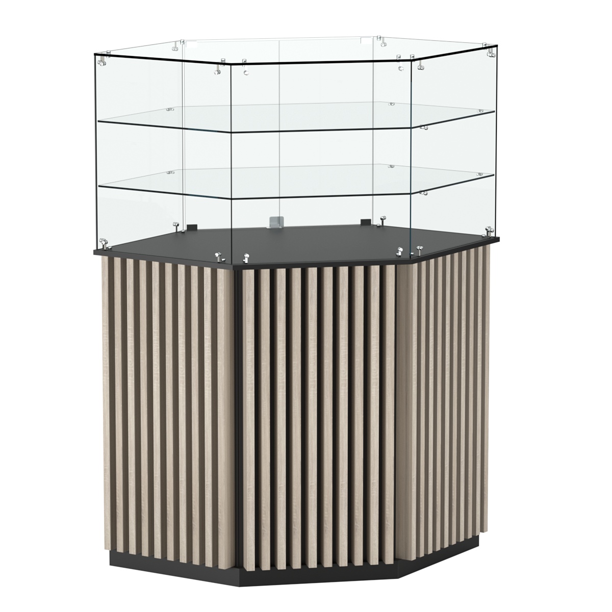 Торговый прилавок шестигранный с планками и двумя полками ВЕРТИКАЛЬ №8 Черный + Дуб Сонома