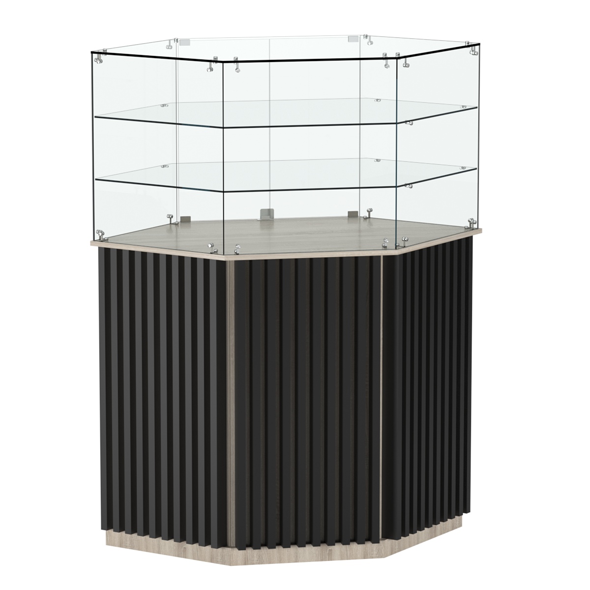 Торговый прилавок шестигранный с планками и двумя полками ВЕРТИКАЛЬ №8 Дуб Сонома + Черный