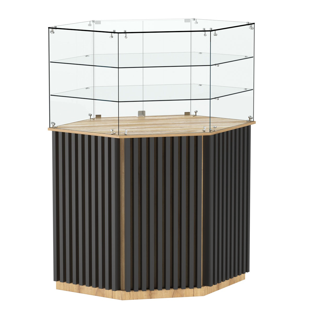 Торговый прилавок шестигранный с планками и двумя полками ВЕРТИКАЛЬ №8 Дуб Золотистый и Темно-Серый