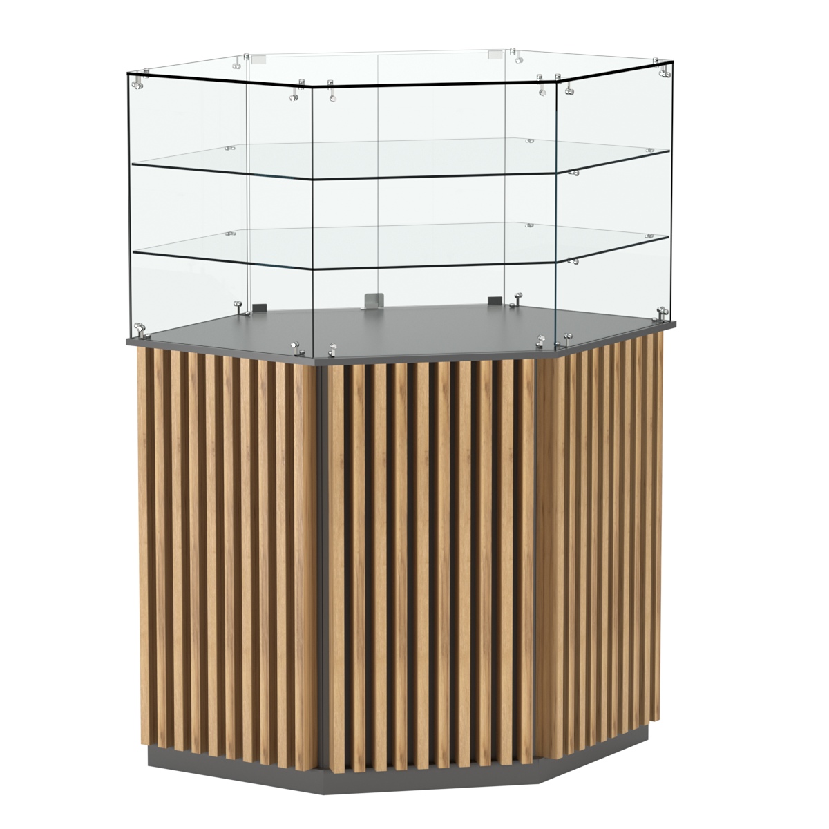 Торговый прилавок шестигранный с планками и двумя полками ВЕРТИКАЛЬ №8 Темно-серый и Дуб Золотистый