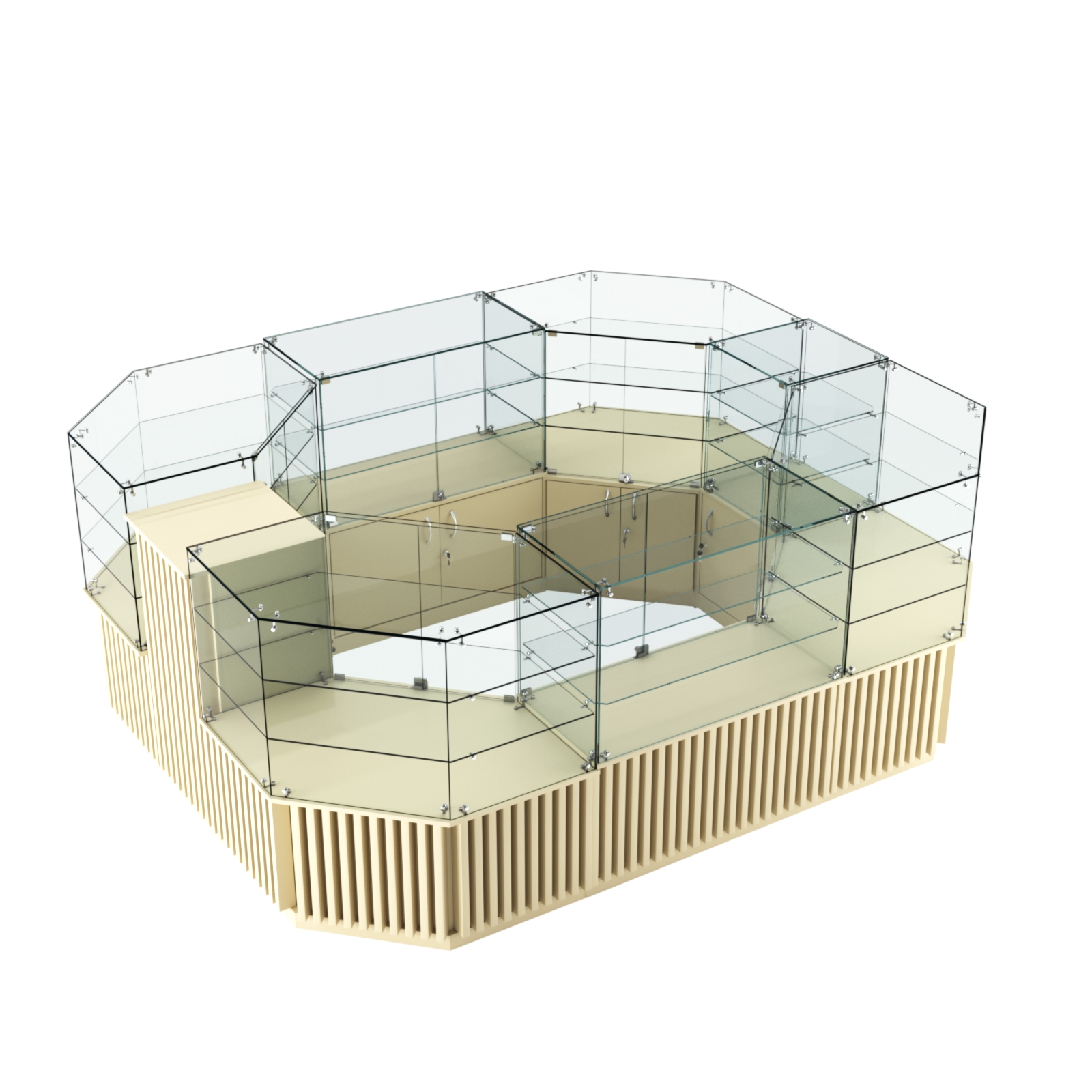 Торговый прямоугольный островок с низким накопителем и планками серии ВЕРТИКАЛЬ №1 (6,48 кв.м) Крем Вайс