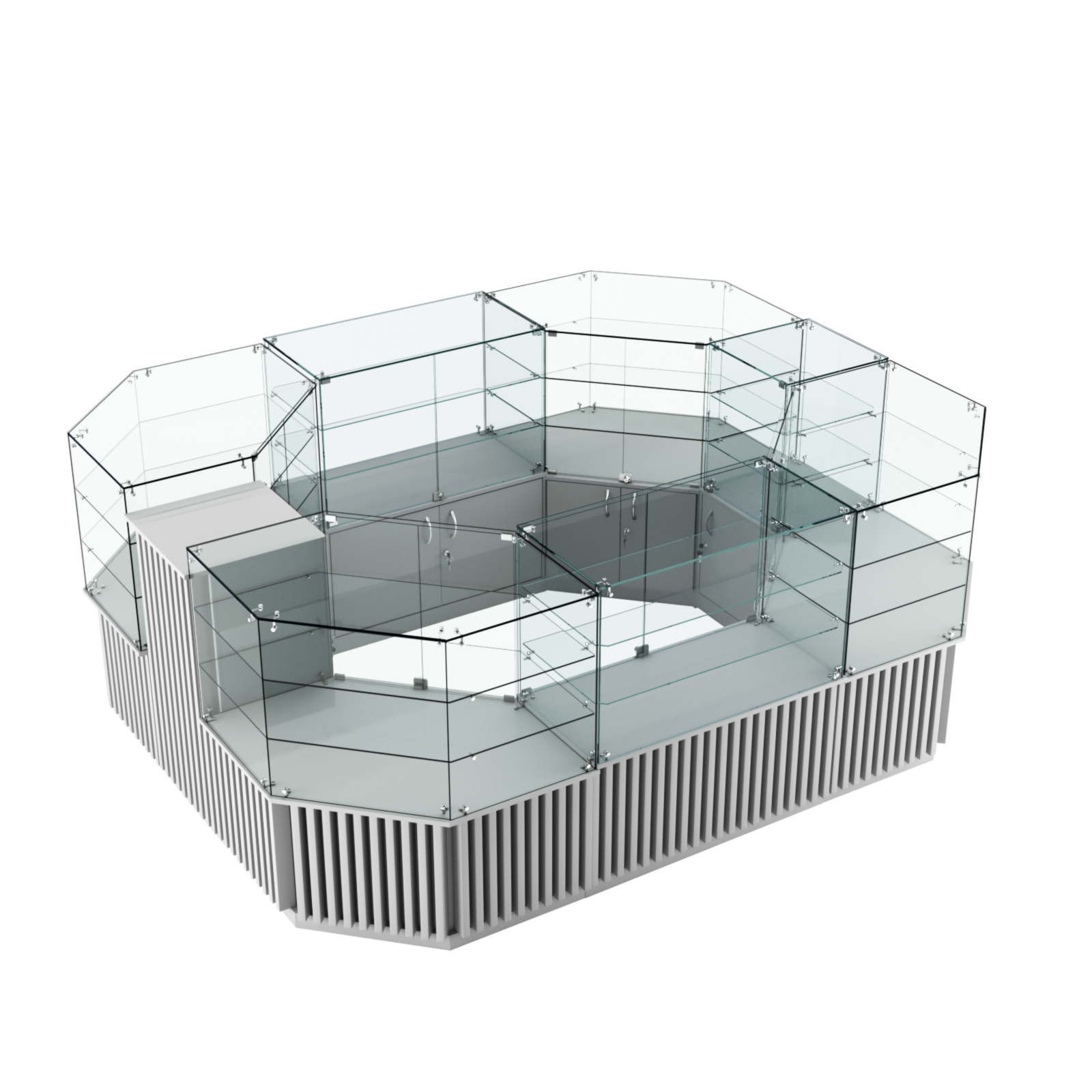 Торговый прямоугольный островок с низким накопителем и планками серии ВЕРТИКАЛЬ №1 (6,48 кв.м) Серый