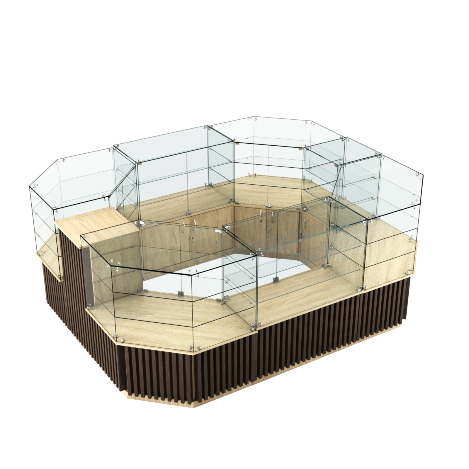 Торговый прямоугольный островок с низким накопителем и планками серии ВЕРТИКАЛЬ №1 (6,48 кв.м) Дуб Сонома + Дуб Венге