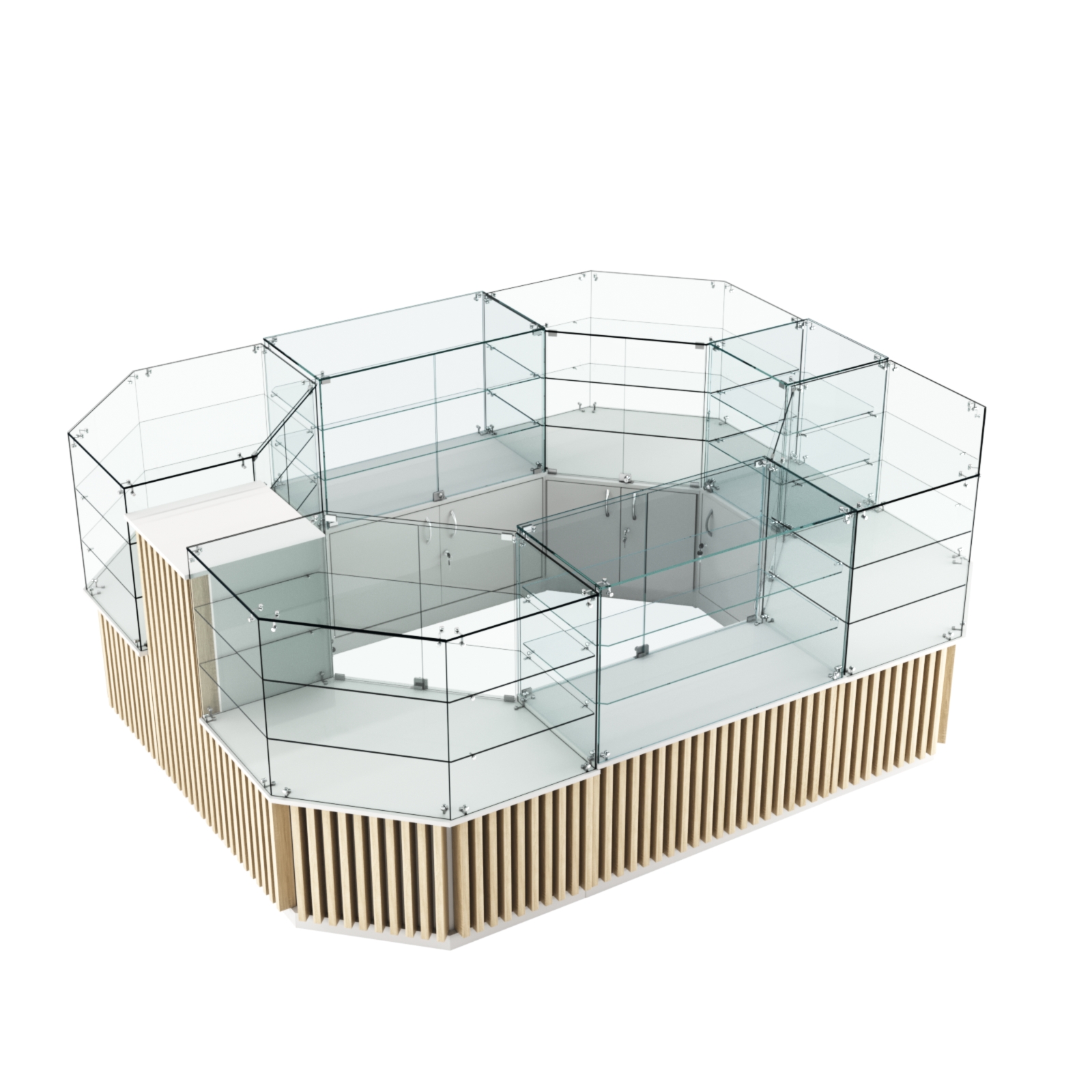 Торговый прямоугольный островок с низким накопителем и планками серии ВЕРТИКАЛЬ №1 (6,48 кв.м) Белый + Дуб Сонома