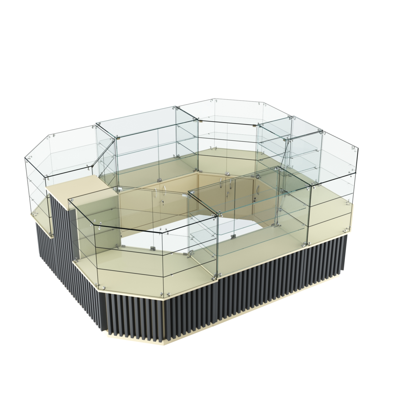 Торговый прямоугольный островок с низким накопителем и планками серии ВЕРТИКАЛЬ №1 (6,48 кв.м) Крем Вайс и Темно Серый U2236-U2601