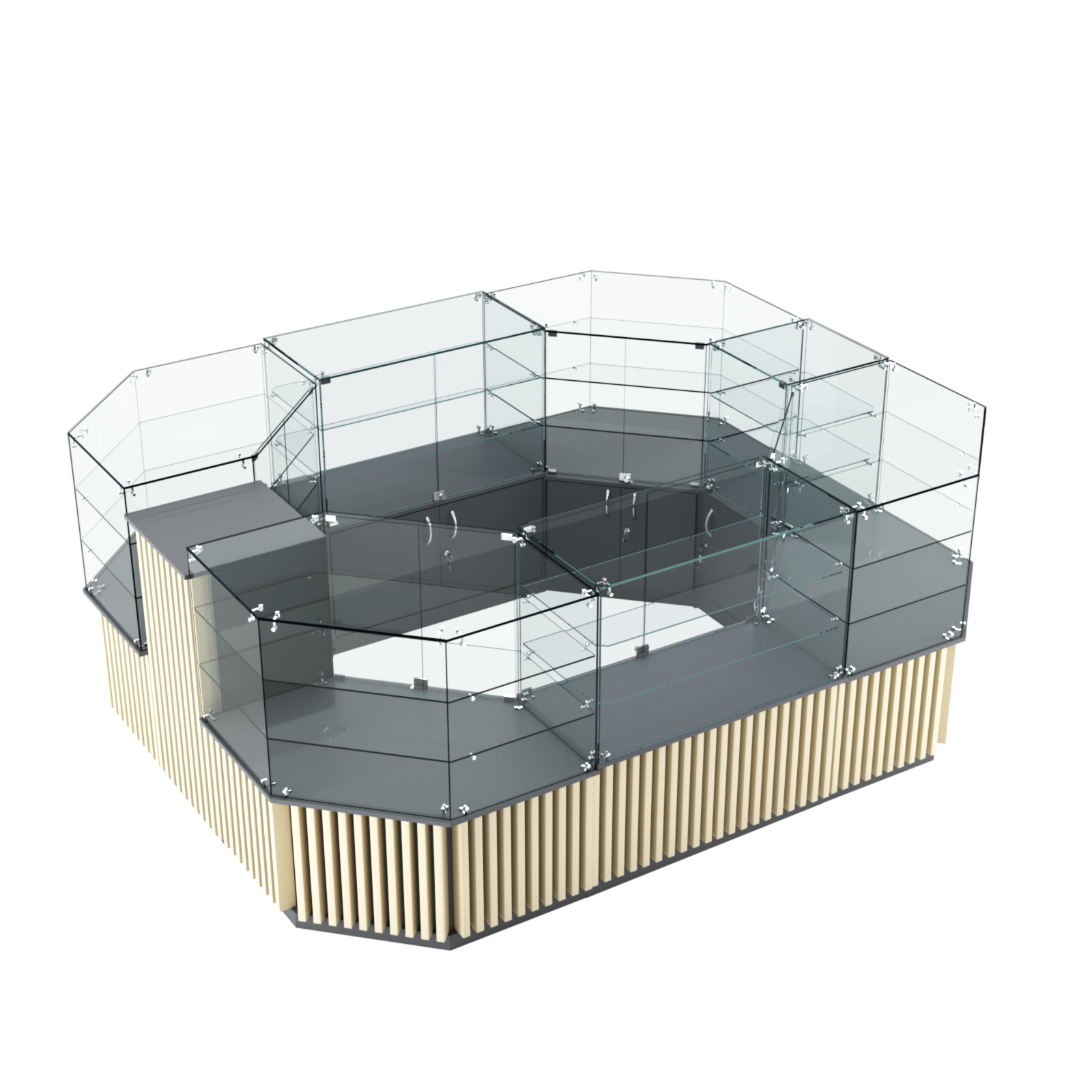 Торговый прямоугольный островок с низким накопителем и планками серии ВЕРТИКАЛЬ №1 (6,48 кв.м) Темно-серый и Крем Вайс U2601-U2236