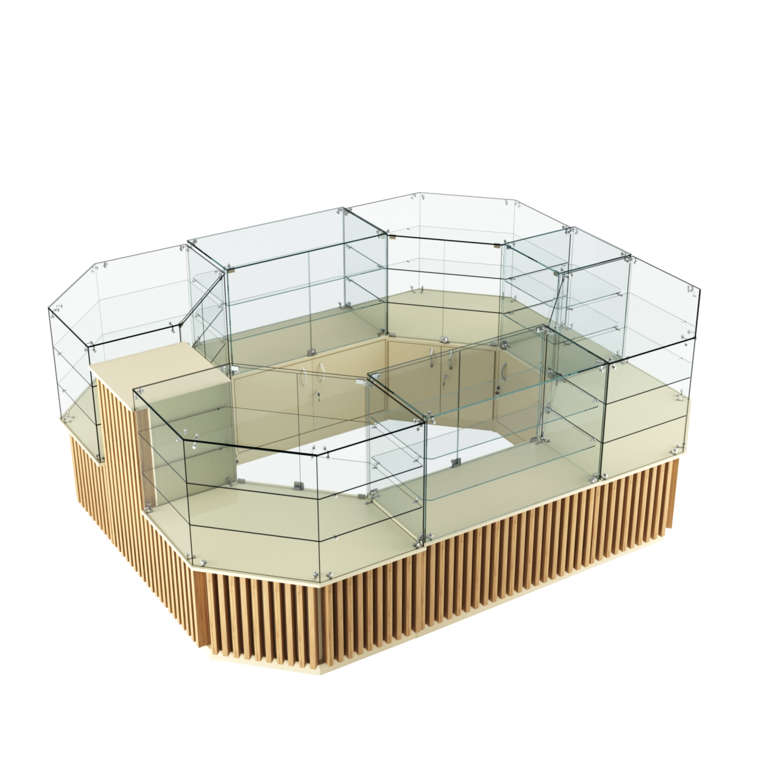 Торговый прямоугольный островок с низким накопителем и планками серии ВЕРТИКАЛЬ №1 (6,48 кв.м) Крем Вайс и Дуб Золотистый