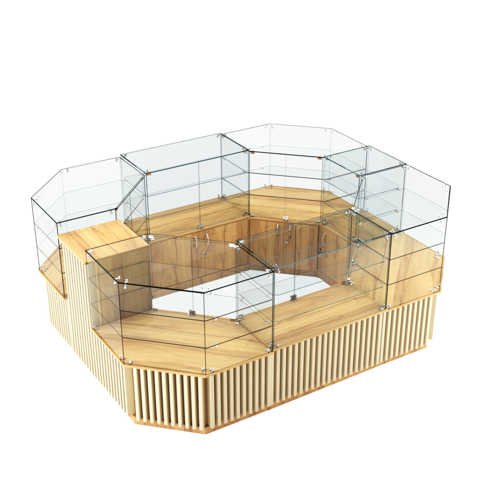 Торговый прямоугольный островок с низким накопителем и планками серии ВЕРТИКАЛЬ №1 (6,48 кв.м) Дуб Золотистый и Крем Вайс