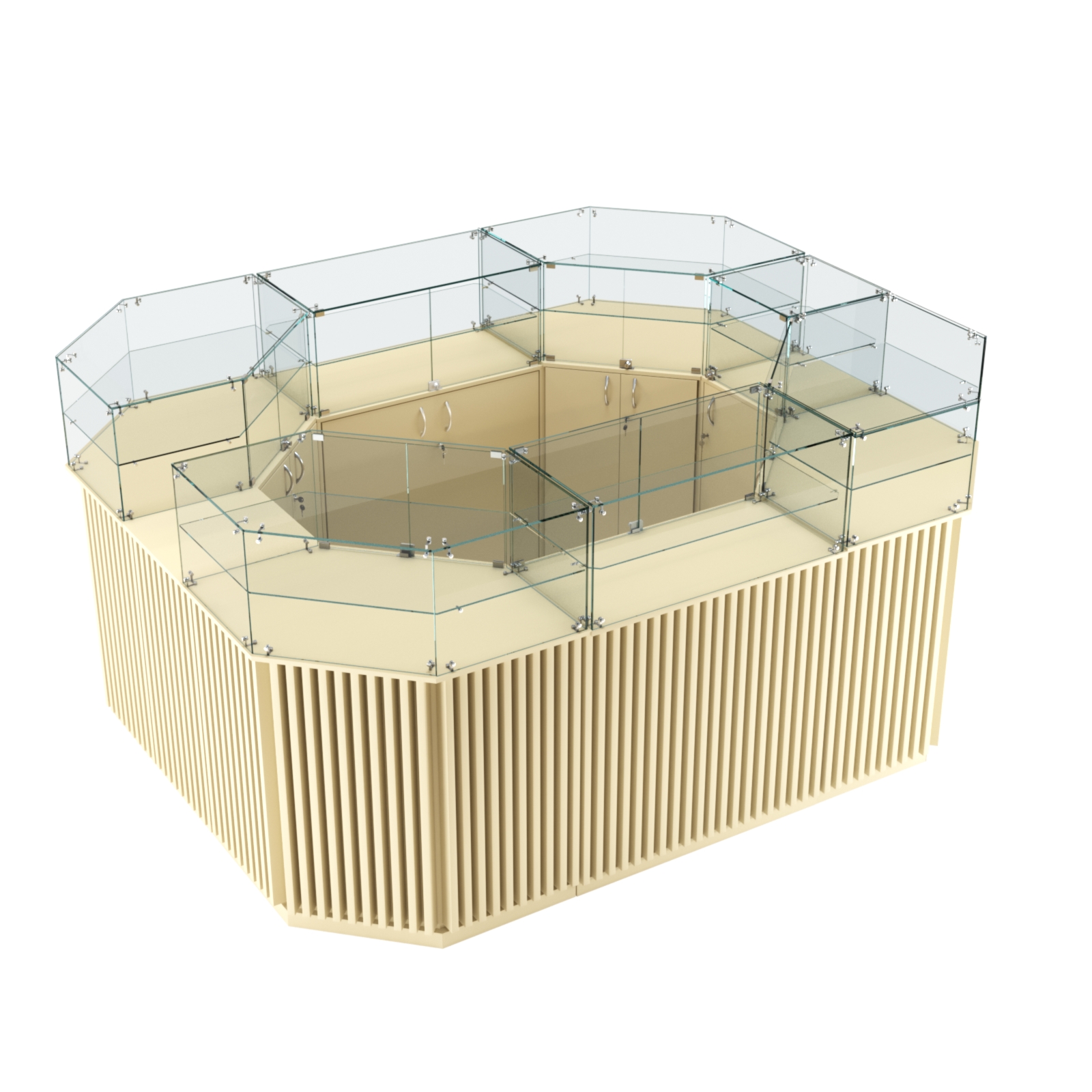 Торговый прямоугольный островок с высоким накопителем и планками серии ВЕРТИКАЛЬ №4 (6,48 кв.м) Крем Вайс