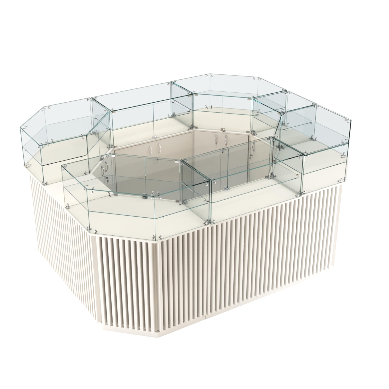 Торговый прямоугольный островок с высоким накопителем и планками серии ВЕРТИКАЛЬ №4 (6,48 кв.м) Белый