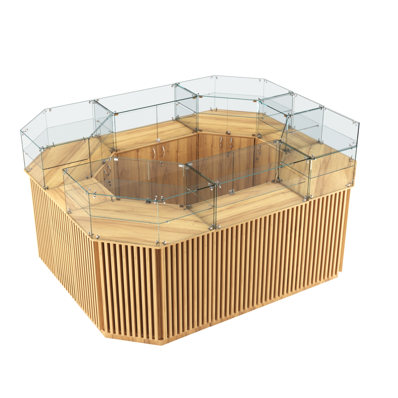 Торговый прямоугольный островок с высоким накопителем и планками серии ВЕРТИКАЛЬ №4 (6,48 кв.м) Дуб Золотистый