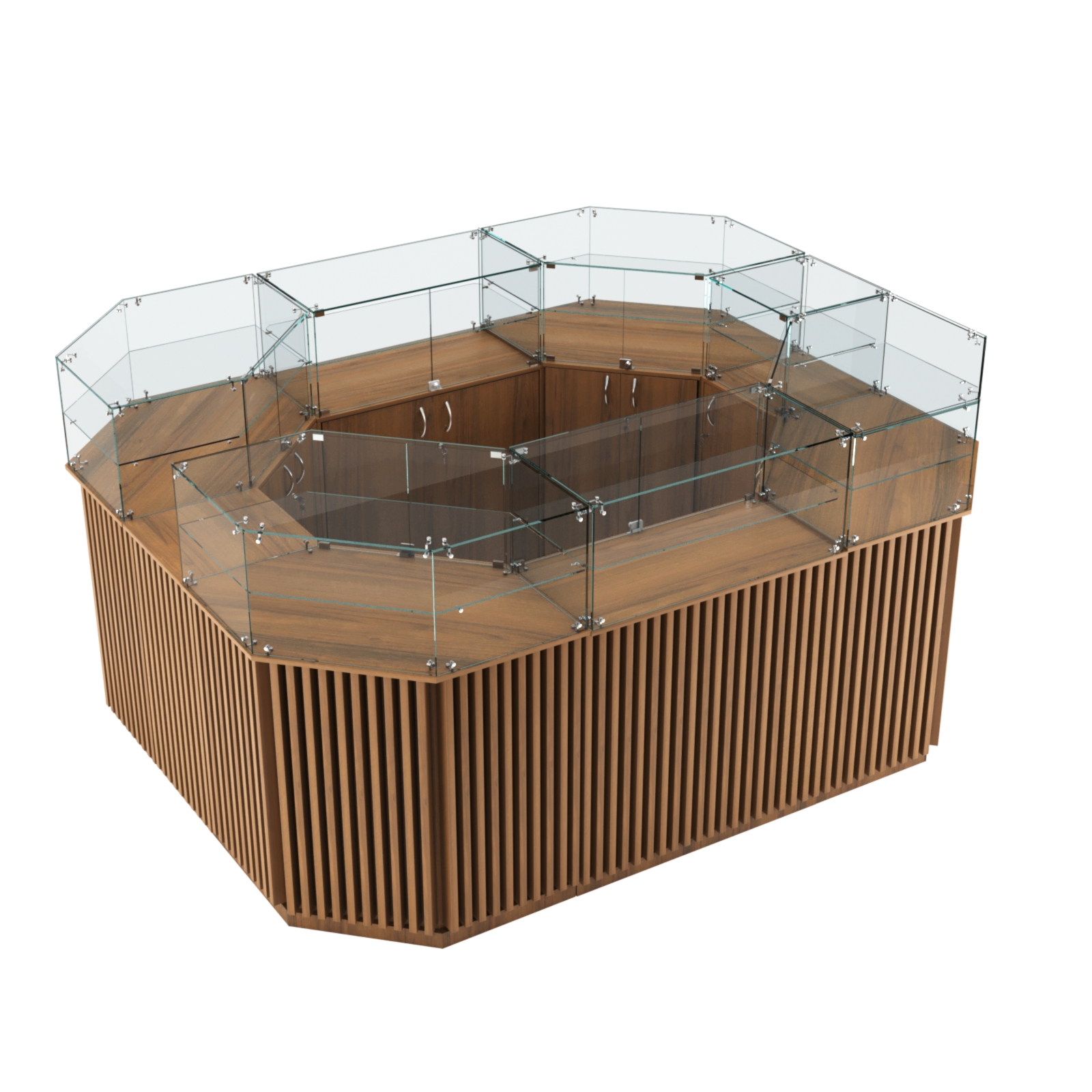 Торговый прямоугольный островок с высоким накопителем и планками серии ВЕРТИКАЛЬ №4 (6,48 кв.м) Орех