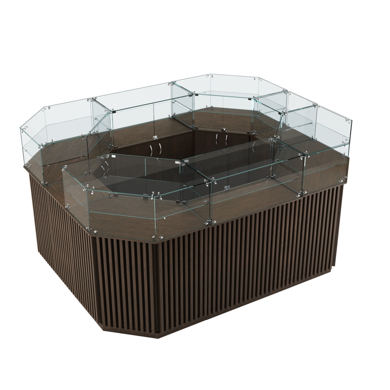 Торговый прямоугольный островок с высоким накопителем и планками серии ВЕРТИКАЛЬ №4 (6,48 кв.м) Дуб Венге